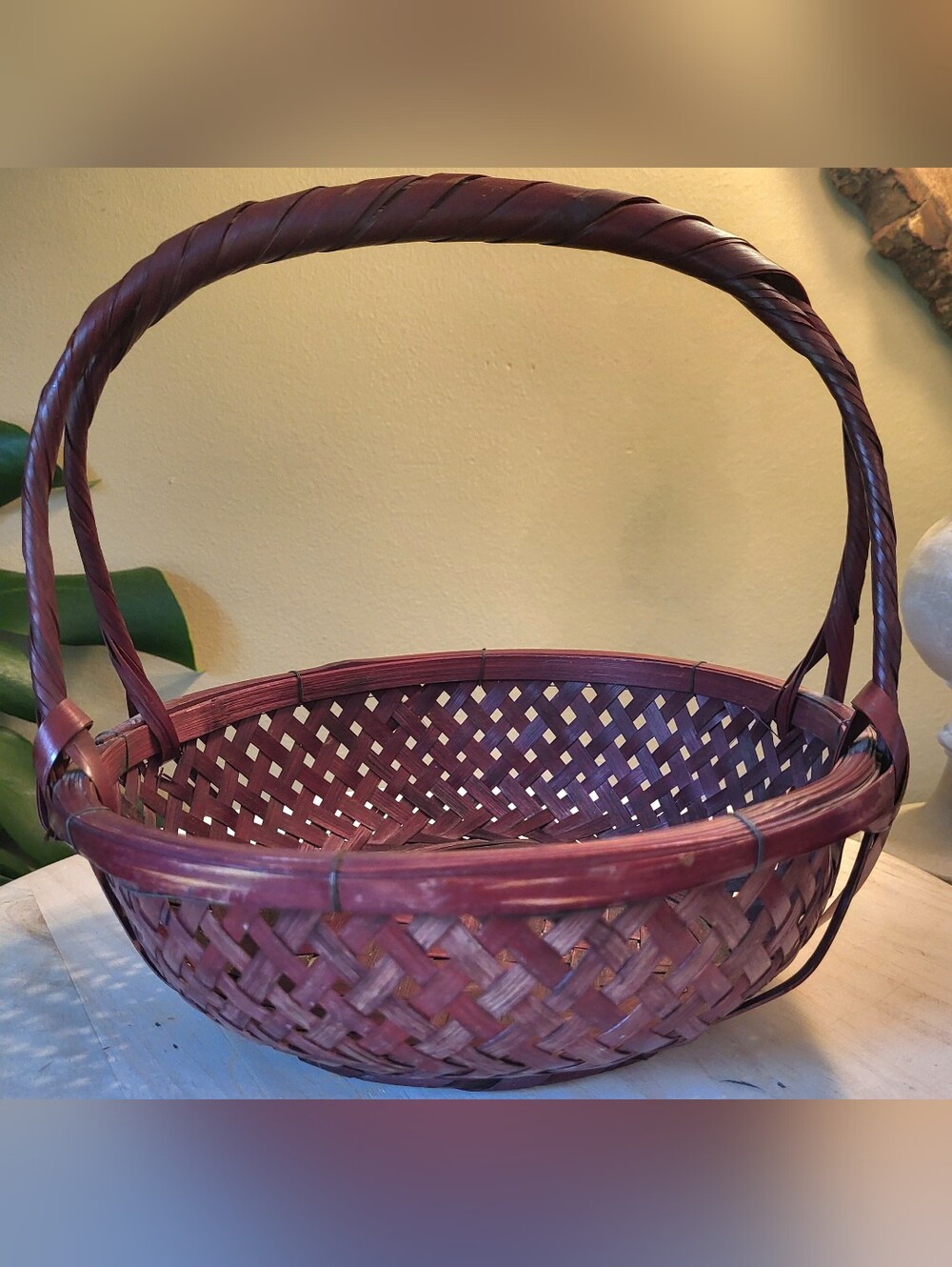 Vtg Japanese Ikebana Flower Basket  Woven Bambee 1940s Japan Redish Brown 9.5 in
